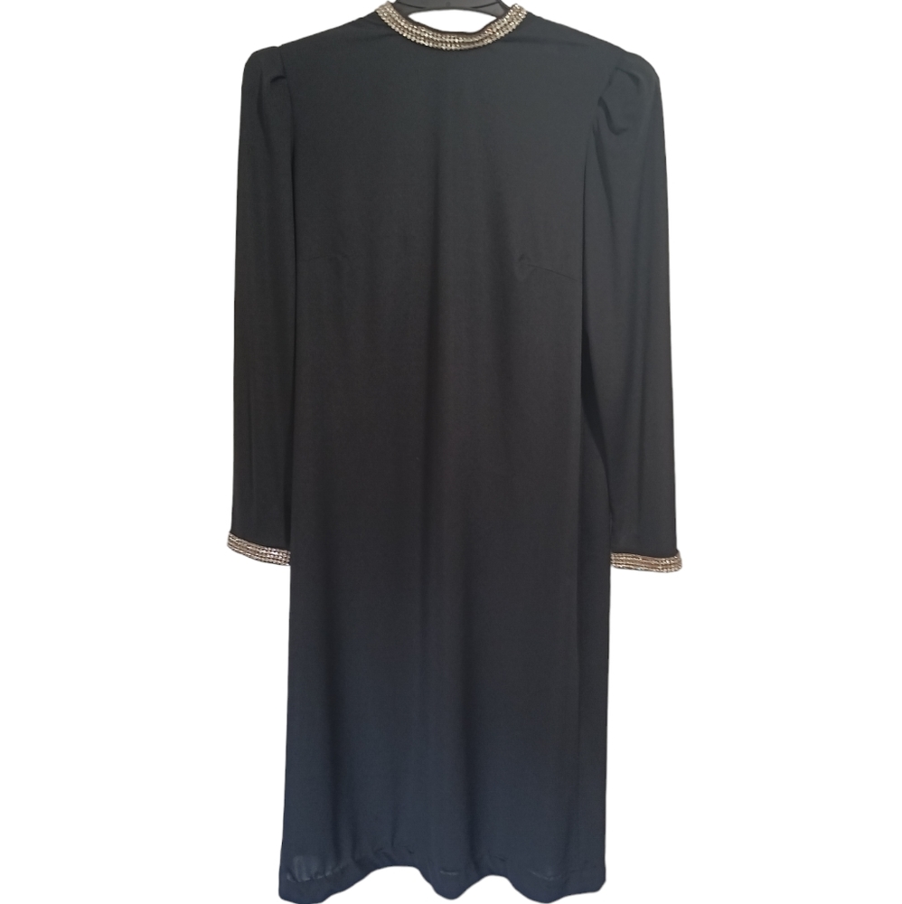 Vintage Caron Chicago Black Dress W/ Rhinestones Adorning Collar & Cuffs Size 14